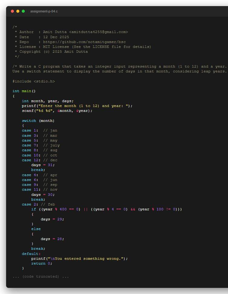 Write a C program that takes an integer input representing a month (1 to 12) and a year.  Use a switch statement to display the number of days in that month, considering leap years.